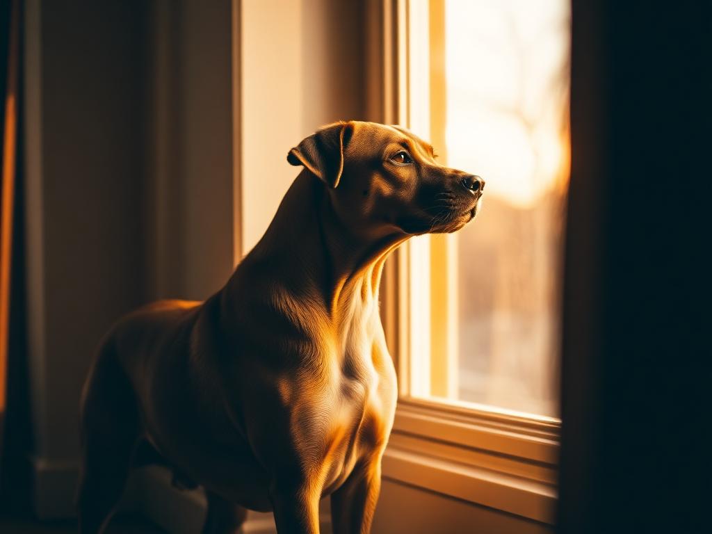A brown dog watching from a sunlit window, alert and observant